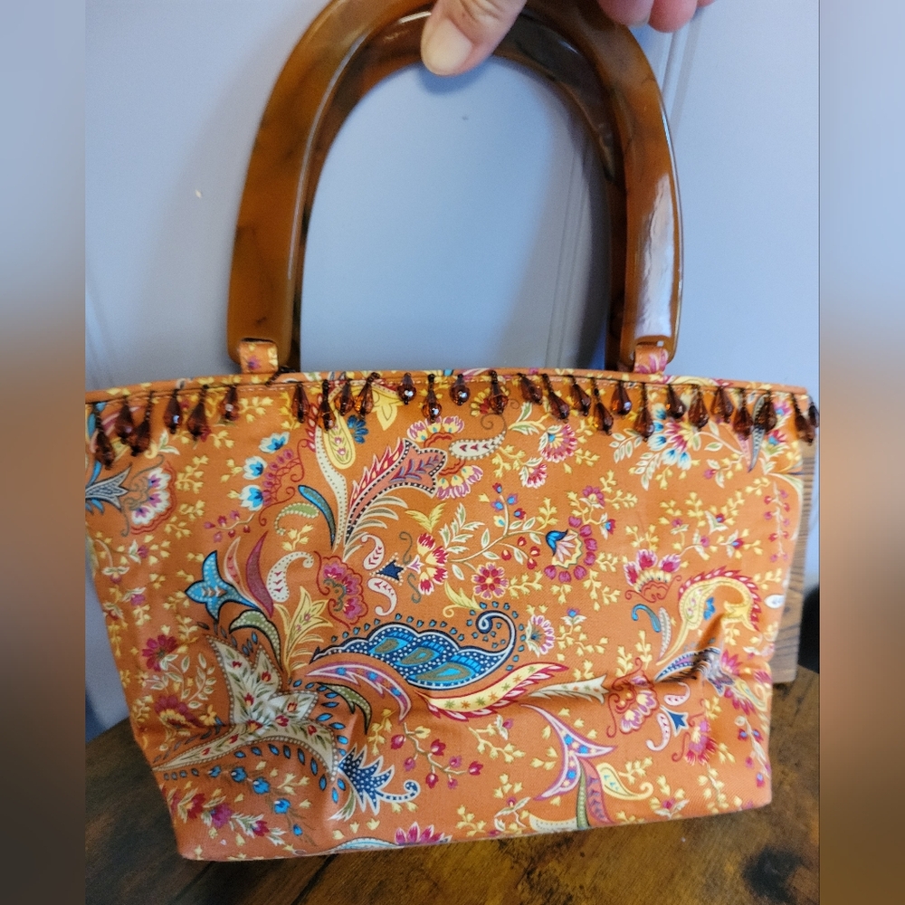 Vintage Talbots Orange Paisley handbag ,beaded ,tortoise Handles - Picture 2 of 11